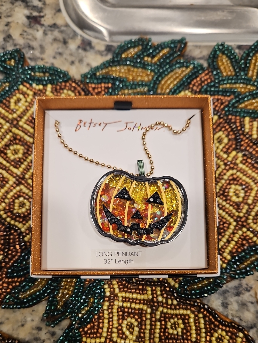 Betsey Johnson Gold & Black Pumpkin Pendant Necklace with Orange Accents